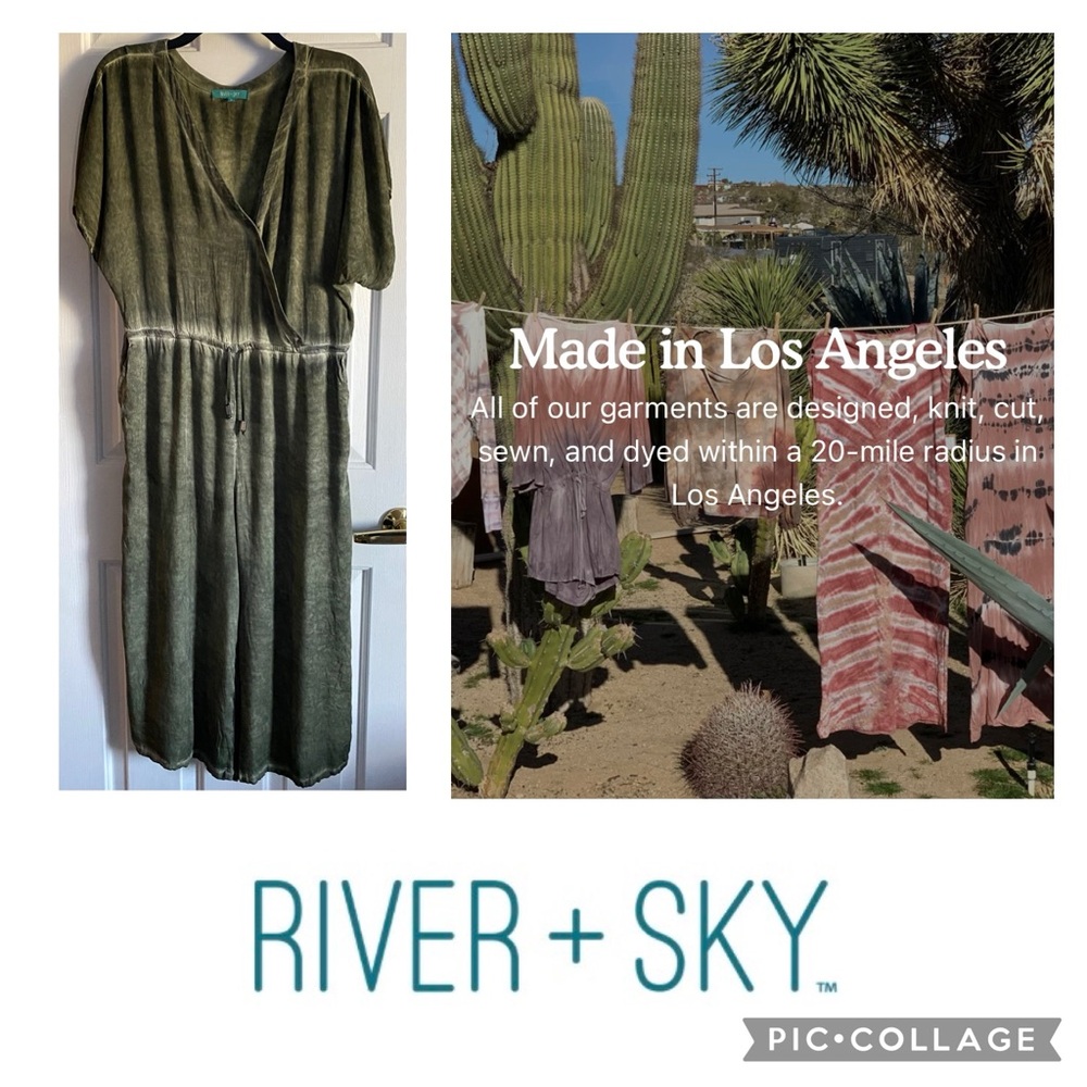 River + Sky Wide Leg Hand Dyed Drawstring Waist Romper Jumpsuit. Sage Green.Sz M